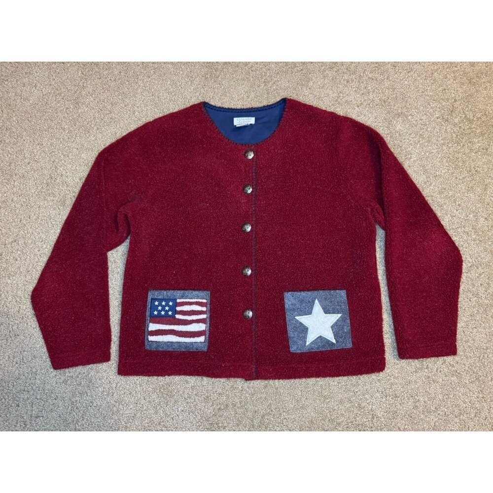 CHRISTOPHER BANKS Sherpa Red Burgundy Cardigan Patriotic US Flag Stars 4th M